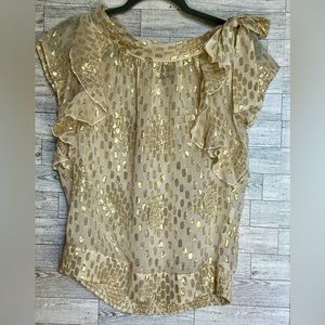 Barney’s Co-op Gold/ivory Sheer Top w/Flutter Sleeves &Bow at Neck‎